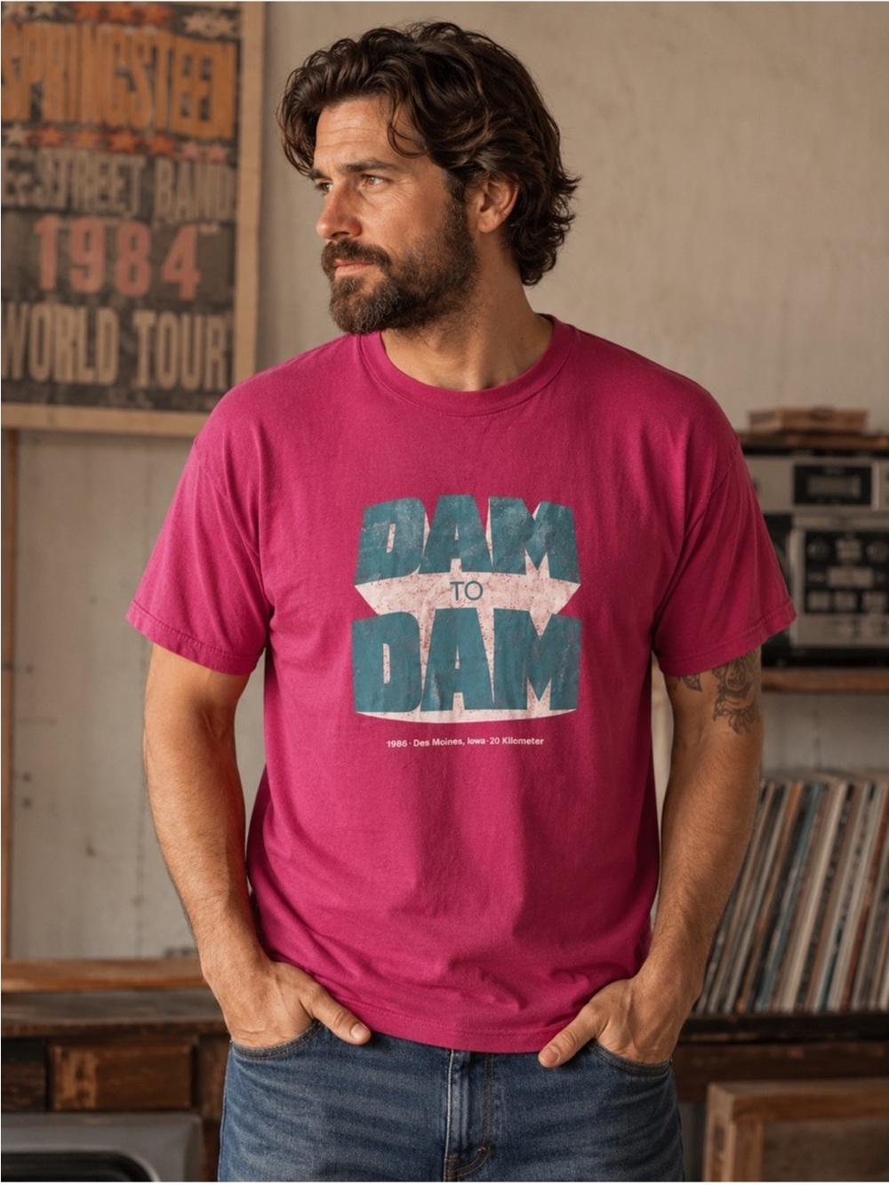 80s Dam To Dam Des Moines Iowa Distressed T Shirt Tee pink blue L